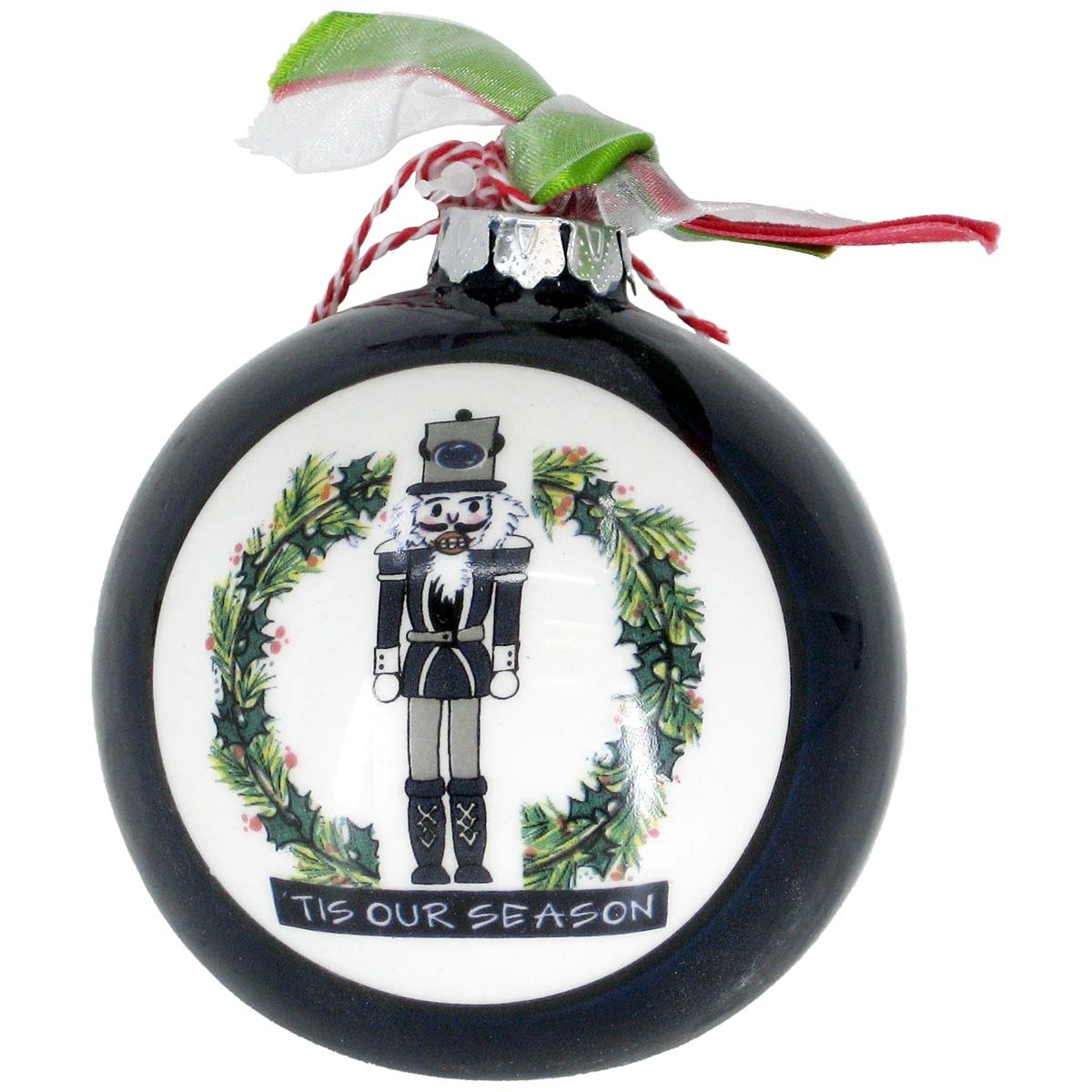 holiday ornament with nutcracker, Penn State Athletic Logo, wreath, and "Tis Our Season"